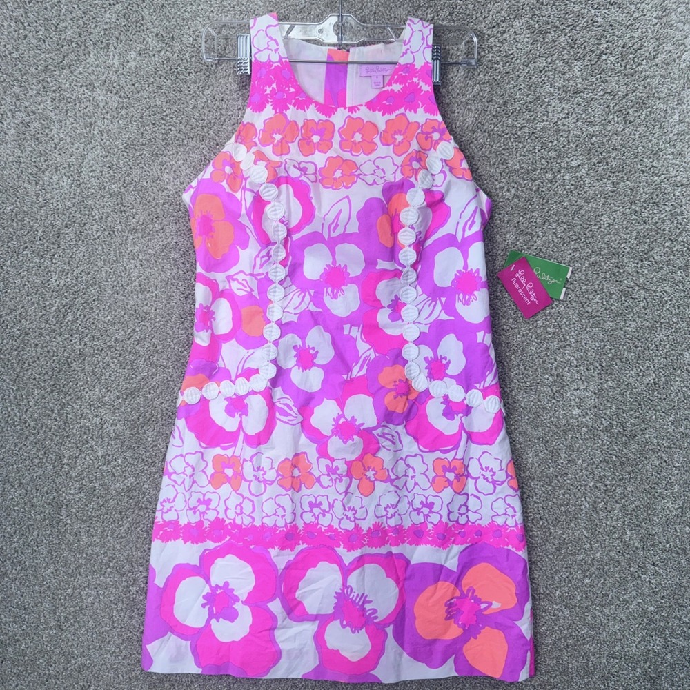 Lilly Pulitzer Dress Womens 6 Pearl Pansy Dance Pink Multi Lace Trim NEW